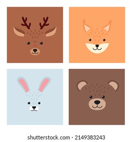 Cute simple animal faces. Deer, squirrel, hare, bear. Vector illustration