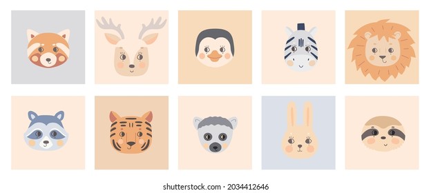 Cute simple animal faces on colorful backgrounds. Portrait of a cartoon funny lion, lemur, hare, tiger, penguin, zebra, deer, raccoon, red panda, sloth. Vector for baby clothes, nursery, kid posters.