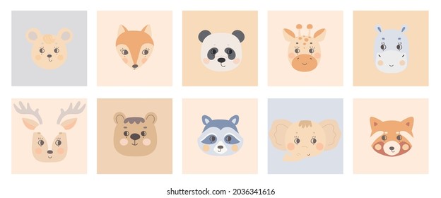 Cute simple animal faces on colorful backgrounds. Portrait of a cartoon funny deer, raccoon, red panda,giraffe, elephant, bear, hippo, mouse, fox. Vector for baby clothes, nursery, kid posters.