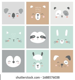 Feine, einfache Tiere sind Porträts - Hasen, Bär, Hauch, Hut, Katze, Koala, Alpaca, Lama, Panda, Pinguin, Hund. Designs für Babybekleidung. Handgezeichnete Zeichen. Vektorillustration.