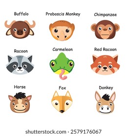 Cute and simple animal head icon pack. Fun vector set for digital designs