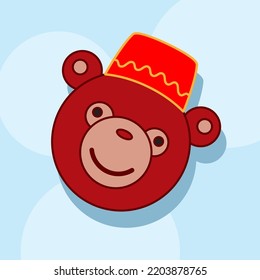Cute simple animal portrait. Monkey in red cap for kids and children. Hand drawn vector illustration on blue background. Circus collection. Design element. Template for design, books, stickers, cards.