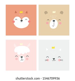 Cute simple animal portraits -bear, fox, alpaca,cat. Great for designing baby clothes.