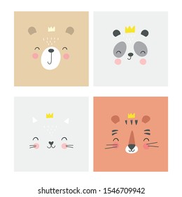 Cute simple animal portraits -  bear, cat, panda. Great for designing baby clothes.