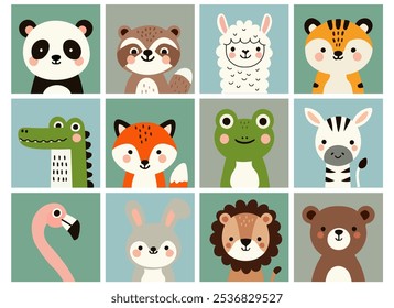 Cute simple animal portraits in colorful frames — rabbit, frog, tiger, panda, llama, crocodile, zebra, flamingo, lion, bear. Print for children's fabric, covers, wallpapers, covers