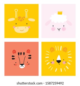 Cute simple animal portraits - giraffe, sheep, tiger, lion. Great for designing baby clothes. Cute animal in the pocket