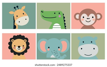 Cute simple animal portraits — giraffe, crocodile, monkey, lion, elephant, hippo. Print for children's fabric, covers