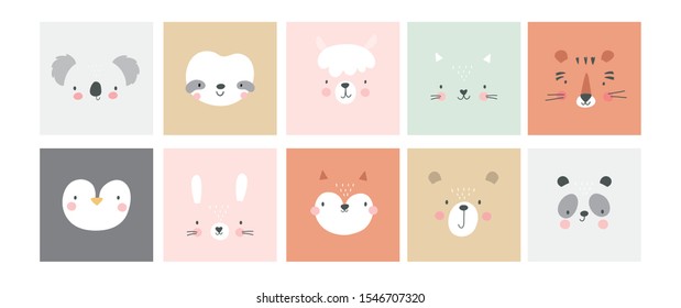 Cute simple animal portraits - hare, tiger, bear, sloth, cat, koala, fox, alpaca, panda, penguin. Great for designing baby clothes. svg