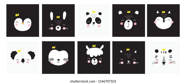 Cute simple animal portraits - hare, tiger, bear, sloth, cat, koala, fox, alpaca, panda, penguin. Great for designing baby clothes.