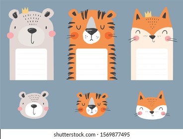 Cute simple animal portraits - hare, tiger, bear, fox, panda, lion. Great for designing baby clothes.