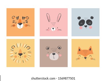 Cute simple animal portraits    hare  tiger  bear  fox  panda  lion  Great for designing baby clothes 