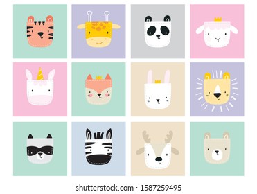 Cute simple animal portraits - hare, tiger, bear, fox, unicorn, panda, giraffe, unicorn, zebra, raccoon, sheep. Great for designing baby clothes. Cute animal in the pocket