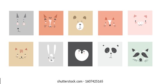 Cute simple animal portraits - hare, tiger, bear, sloth, cat, koala, fox, alpaca, panda, penguin. Great for designing baby clothes.flat style