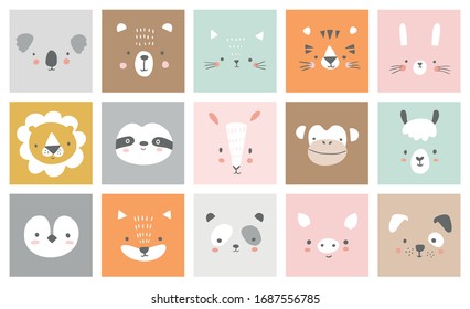 Kleine, einfache Tierporträts - Hasen, Tiger, Bär, Hut, Katze, Koala, Fuchs, Alpaca, Lama, Panda, Pinguin, Löwe, Hund, Ziege, Schwein. Designs für Babybekleidung. Handgezeichnete Zeichen. Vektorillustration.