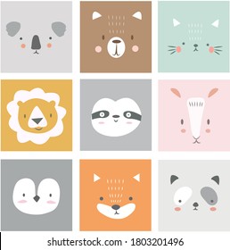 Cute simple animal portraits - hare, tiger, bear, sloth, cat, koala, fox, alpaca, llama, panda, penguin, lion, dog, goat, pig. Designs for baby clothes. Hand drawn characters. Vector illustration. - Shutterstock ID 1803201496