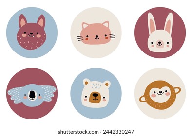 Cute simple animal portraits - hare, bear, cat, koala, bat, monkey. Designs for baby clothes. Hand drawn characters. Vector illustration.