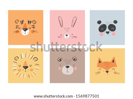 Cute simple animal portraits - hare, tiger, bear, fox, panda, lion. Great for designing baby clothes.