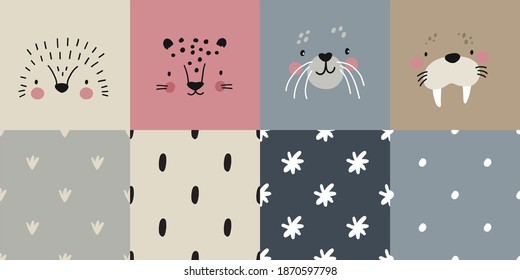 Cute simple animal portraits    hedgehog  jaguar  walrus  seal  Great for designing baby clothes  Vector illustration   seamless pattern