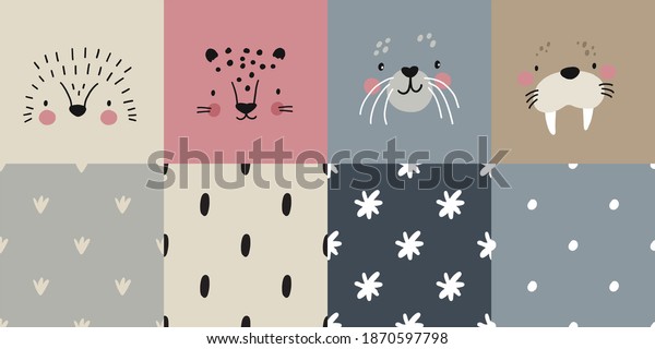 Cute simple animal portraits - hedgehog, jaguar,
walrus, seal. Great for designing baby clothes. Vector illustration
and seamless pattern