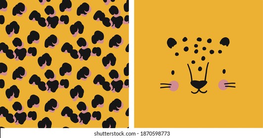 Cute simple animal portraits -  jaguar. Great for designing baby clothes. Vector illustration and seamless pattern