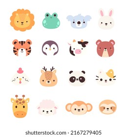 Cute simple animal portraits - lion, frog, koala, rabbit, tiger, penguin, cow, bear, chicken, deer, panda, cat, giraffe, sheep, monkey and sloth. Great for designing baby clothes.