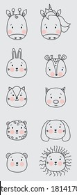 Cute simple animal portraits. Outline drawing - giraffe, horse, hare and deer, bear, pig, leopard, lion, cat and dog. Childrens collection, design, printing, decoration. Vector