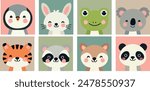 Cute simple animal portraits — rabbit, frog, tiger, sloth, koala, panda, bear, penguin. Print for children