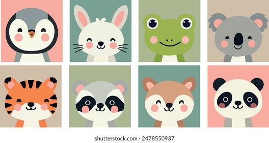 Cute simple animal portraits — rabbit, frog, tiger, sloth, koala, panda, bear, penguin. Print for children's fabric, covers