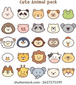 Cute simple animal portraits — rabbit, frog, tiger, giraffe, koala, panda, bear, fox, penguin. Print for children