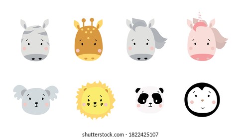 Cute simple animal portraits. A set of colored portraits of exotic animals - zebra and giraffe, horse and unicorn, koala and lion, panda and penguin. For kids decor, print, design and textiles. Vector