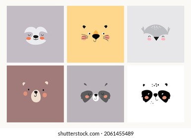 Cute simple animal portraits - sloth, lion, owl, bear, raccoon and panda. Suitable for designing baby clothes, baby mat, baby room decor.