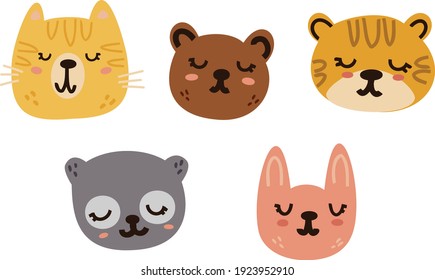 Cute simple animal portraits - tiger, bear, cat, panda, rabbit. Great for designing baby clothes. Hand drawn vector illustration for posters, cards, t-shirts.