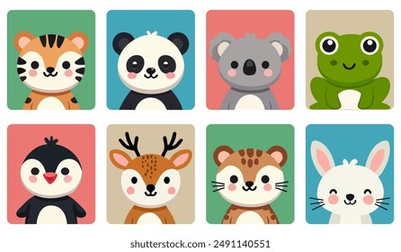 Retratos de animales lindos y simples: tigre, panda, koala, rana, pingüino, ciervo, liebre. Estampado para tela infantil, fundas