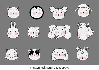 Cute simple animal portraits. Vector big set - a sheep and a bear, a koala and a cheetah, an elephant and a horse, a fox, a panda and a deer, a hare and a dog. For kids decor, printing, textiles 