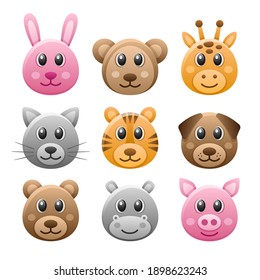 Cute Simple Animal Set of Faces: Cat, Bear, Hippo, Rabbit, Tiger, Giraffe, Monkey, Dog, Pig. Vector Illustration Icons Heads isolated on White Background.