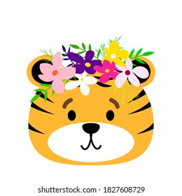 cute simple animal in a wreath of flowers - tiger. Child's drawing character. Cartoon portrait with flat design. Vector illustration on white background