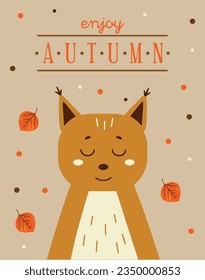 Cute simple autumn postcard design with cartoon squirrel and falling leaves 