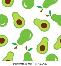 Cute, simple avocado vector seamless pattern. Fresh ripe green avocado cut in half and whole piece on white background.