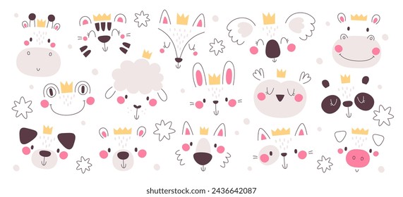 Cute simple baby animal portraits with funny smiling faces isolated set vector illustration. Wild forest, zoo or domestic pets kawaii mascot with positive emotions design elements for clothes prints