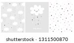 Cute Simple Baby Shower Vector Card and 2 Patterns.White Fluffy Smiling Cloud on a Light Gray Background.Rain of Hearts. Baby Shower Design for Card, Invitation, Wrappig Paper, Textile. Heart Pattern.