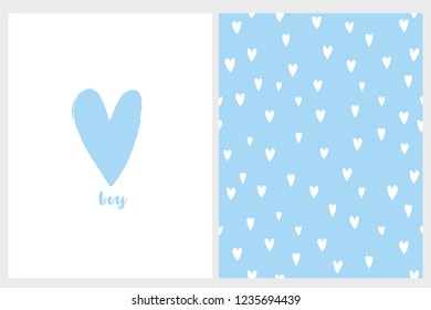 Cute Simple Baby Shower Vector Card and Pattern. Blue Hand Drawn Heart with Boy Text Below. White Background. White Little Hearts on a Blue Background. Lovely Irregular Pattern. Adorable Nursery Art.
