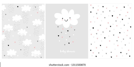 Cute Simple Baby Shower Vector Card and 2 Patterns.White Fluffy Smiling Cloud on a Light Gray Background.Rain of Hearts. Baby Shower Design for Card, Invitation, Wrappig Paper, Textile. Heart Pattern.