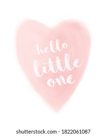 Cute Simple Baby Shower Vector Card. White Hello Little One and Pastel Pink Heart Isolated on a White Background. Lovely Baby Girl Nursery Art.