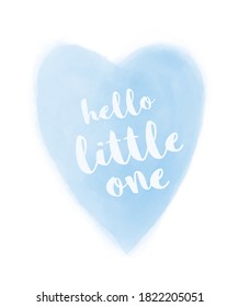 Cute Simple Baby Shower Vector Card. White Hello Little One and Pastel Blue Heart Isolated on a White Background. Lovely Baby Boy Nursery Art.