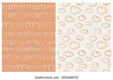 Cute Simple Baby Shower Vector Patterns with Black Fluffy Clouds on a Beige Background. Simple Geometric Print with Black Wawy Lines on a Pale Orange Layout. Abstract Doodle Repeatable Design.