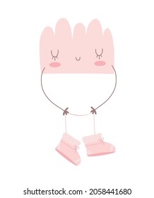Cute Simple Baby Shower Vector Card with Pink Fluffy Cloud Holding Little Shoes. Lovely Nursery Art with Smiling Cloud isolated on a White Background. Baby Girl Party Print ideal for Card, Greetings.