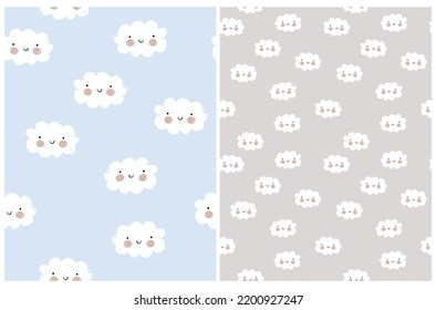 Cute Simple Baby Shower Vector Patterns ideal for Baby Boy. White Fluffy Smiling Cloud on a Light Gray and Pastel Blue Background. Delicate Nursery Repeatable Print. Cloudy Kawaii Style Pattern.