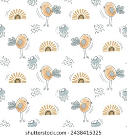 Fondo simple lindo con elementos de garabato del vivero. Patrón sin fisuras con nubes de pájaros y sol.