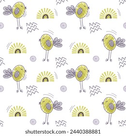 Niedlicher einfacher Hintergrund mit Kinderzimmer-Doodle-Elementen. Nahtloses Muster mit Vogelwolken und Sonne.