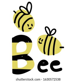 Cute simple bee typography doodle clipart. Hand drawn stylized insect wildlife nature. Flat color sweet honey insect illustration. Isolated comb, busy bee, text, bug. Vector EPS 10. 